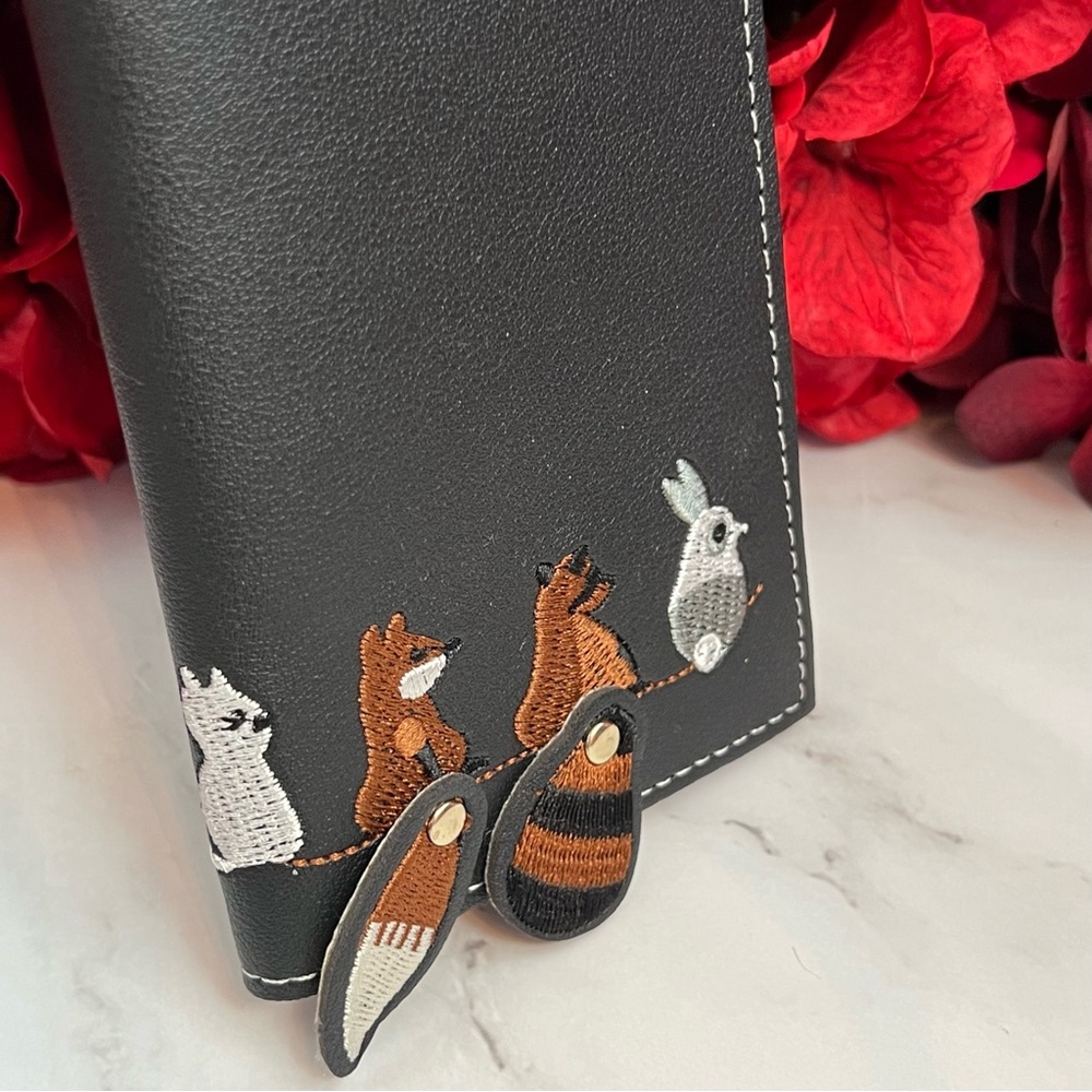 Whimsical Black Vegan Leather Fox Rabbit Raccoon Cat Wallet Clutch - Picture 2 of 14